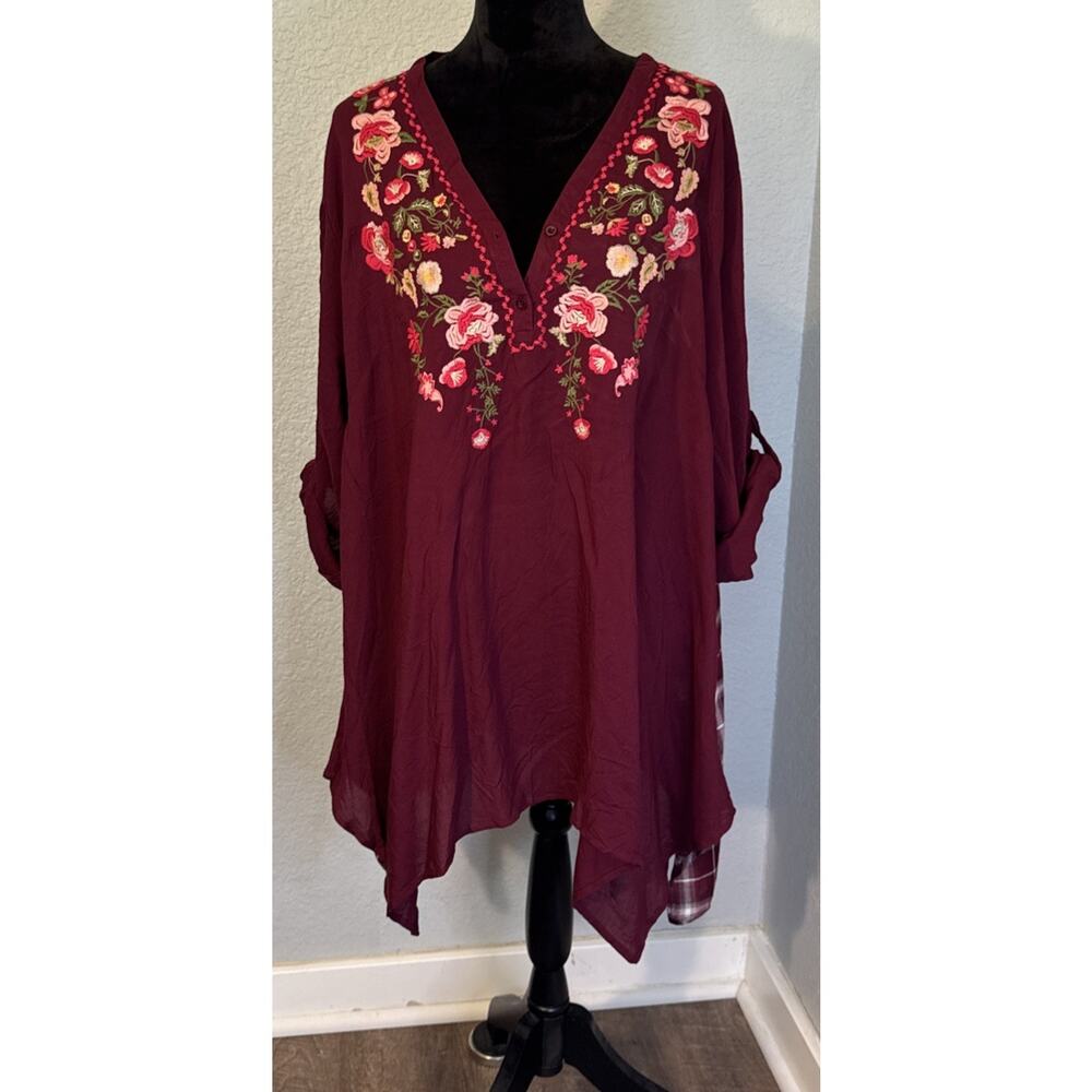 Plaid Floral 1/4 Button Neckline Flowy Asymetrical Hem 3XL Andree Boho Shirt